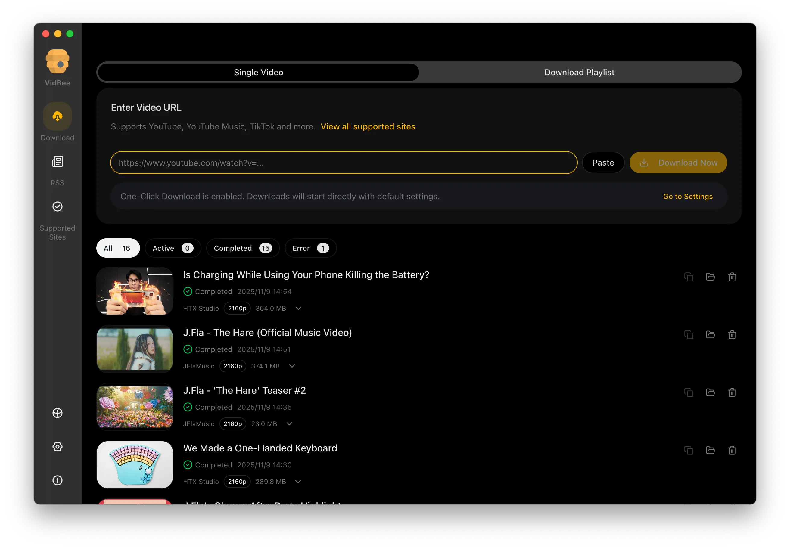 VidBee Dark Mode Interface