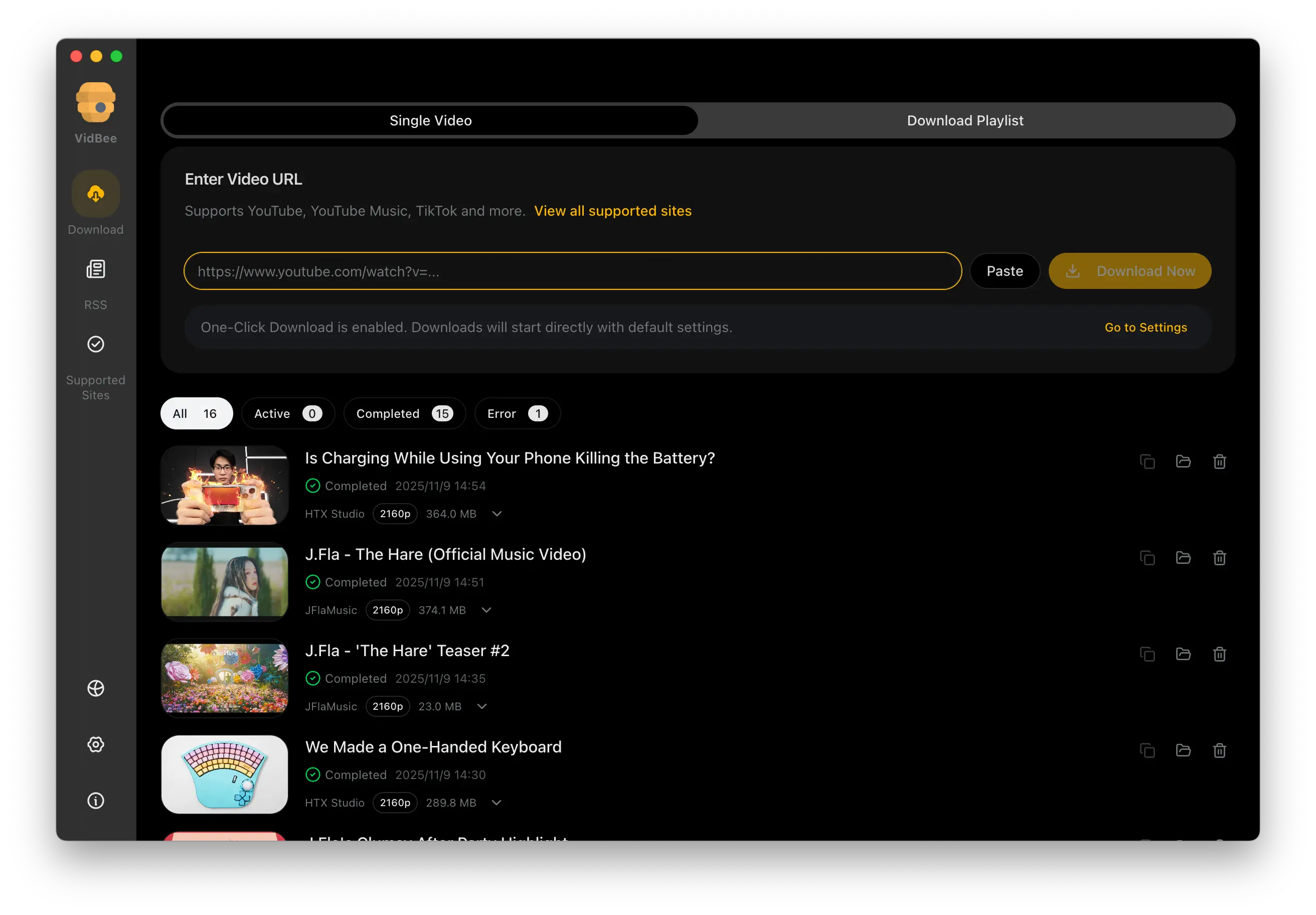 VidBee Dark Mode Interface