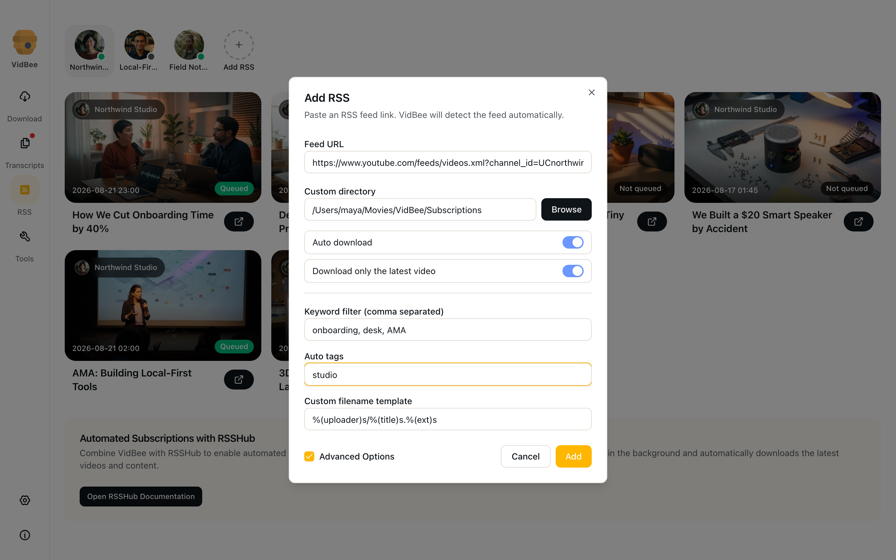 Add subscription advanced options: keyword filter, auto tags, and filename template