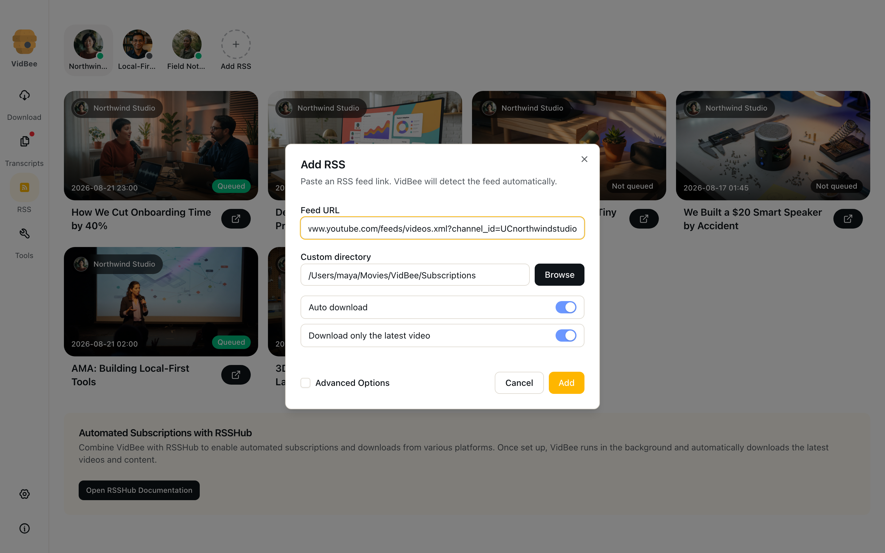 Add subscription dialog with a YouTube feed URL