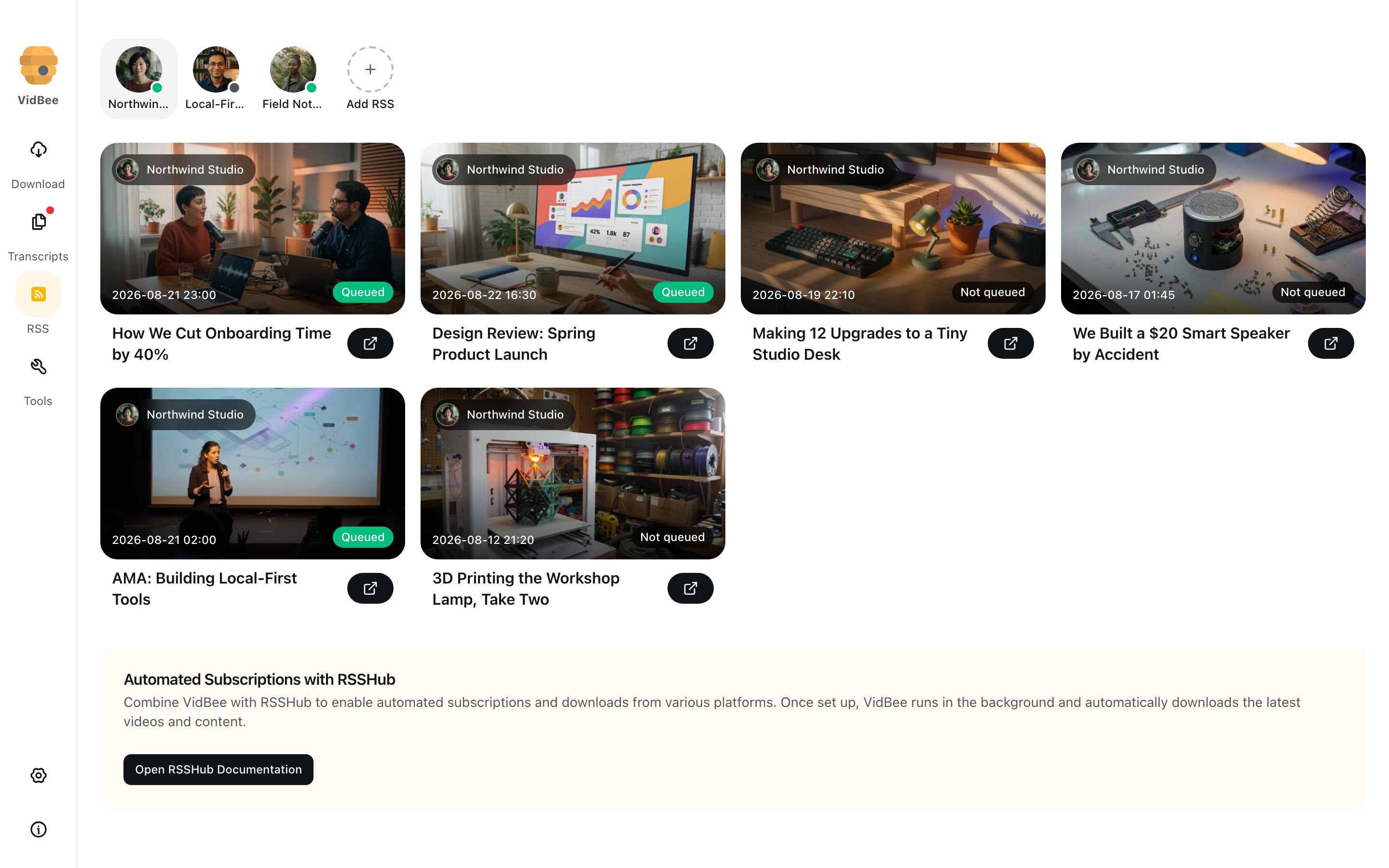 Subscriptions page with channel avatars and queued feed items