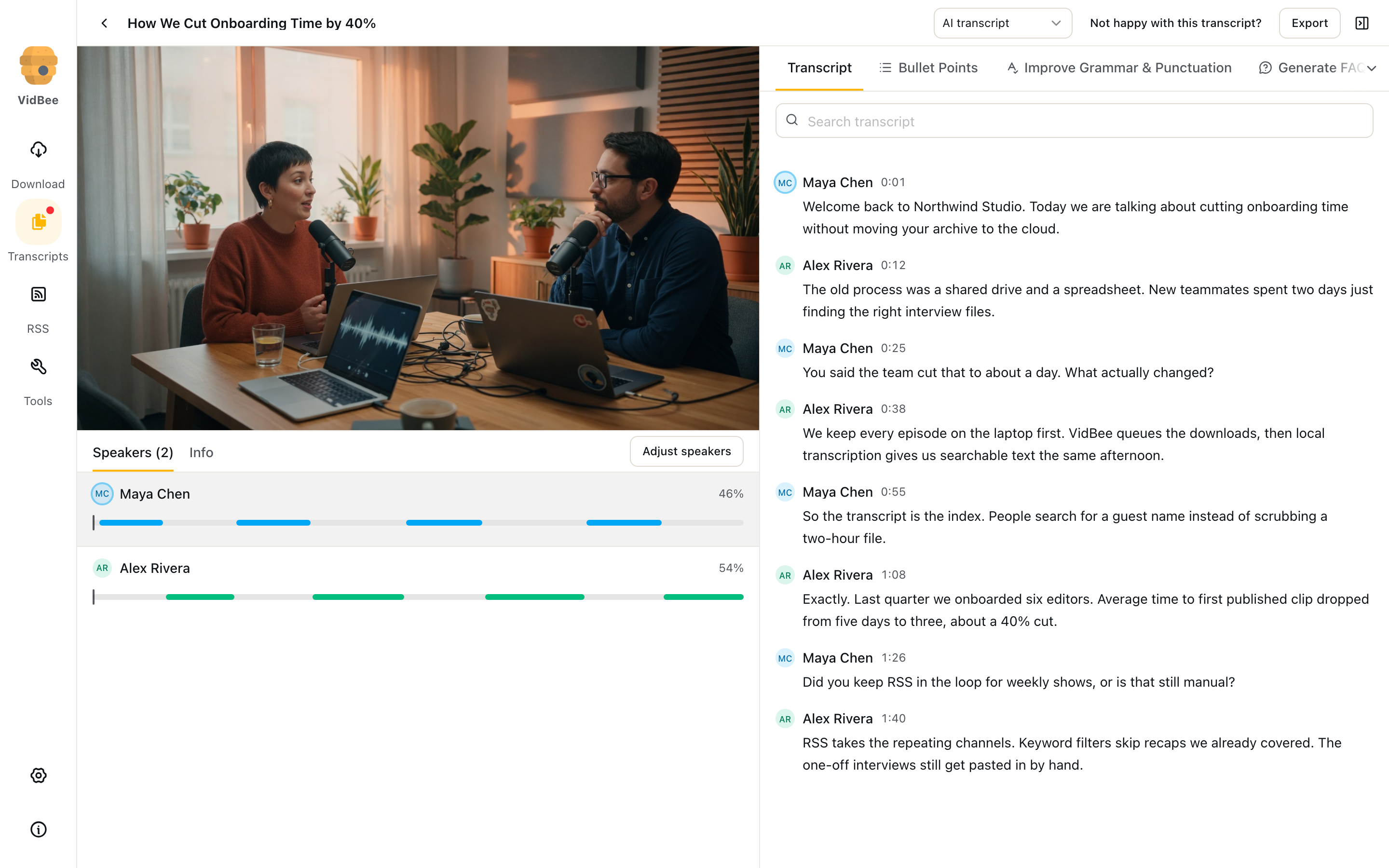 Transcript with speaker labels and timed captions