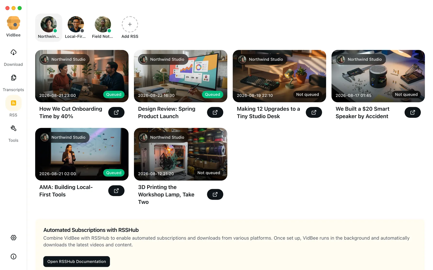 VidBee Desktop showing subscriptions and queued episodes