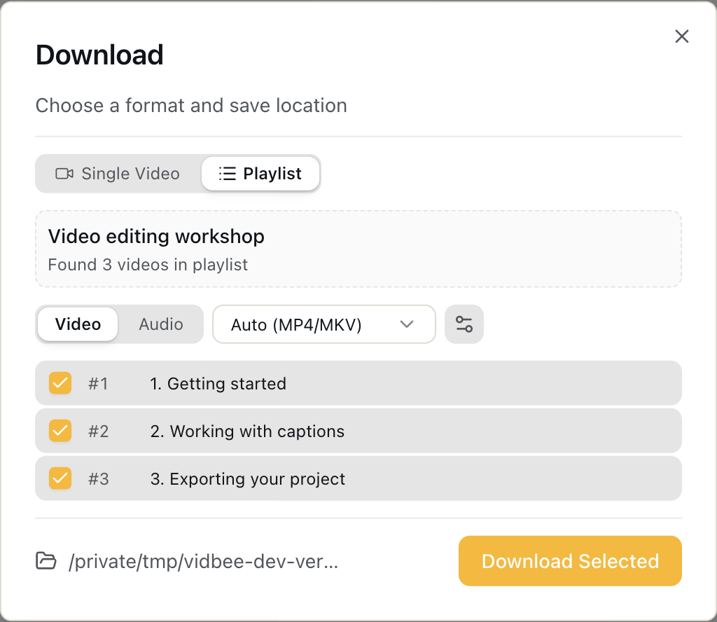 Playlist dialog with three sample entries selected