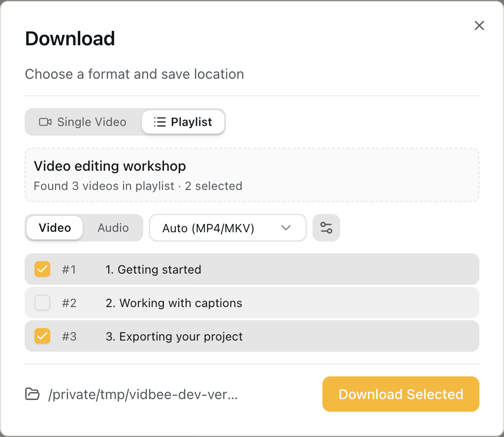 Playlist dialog with two of three sample entries selected