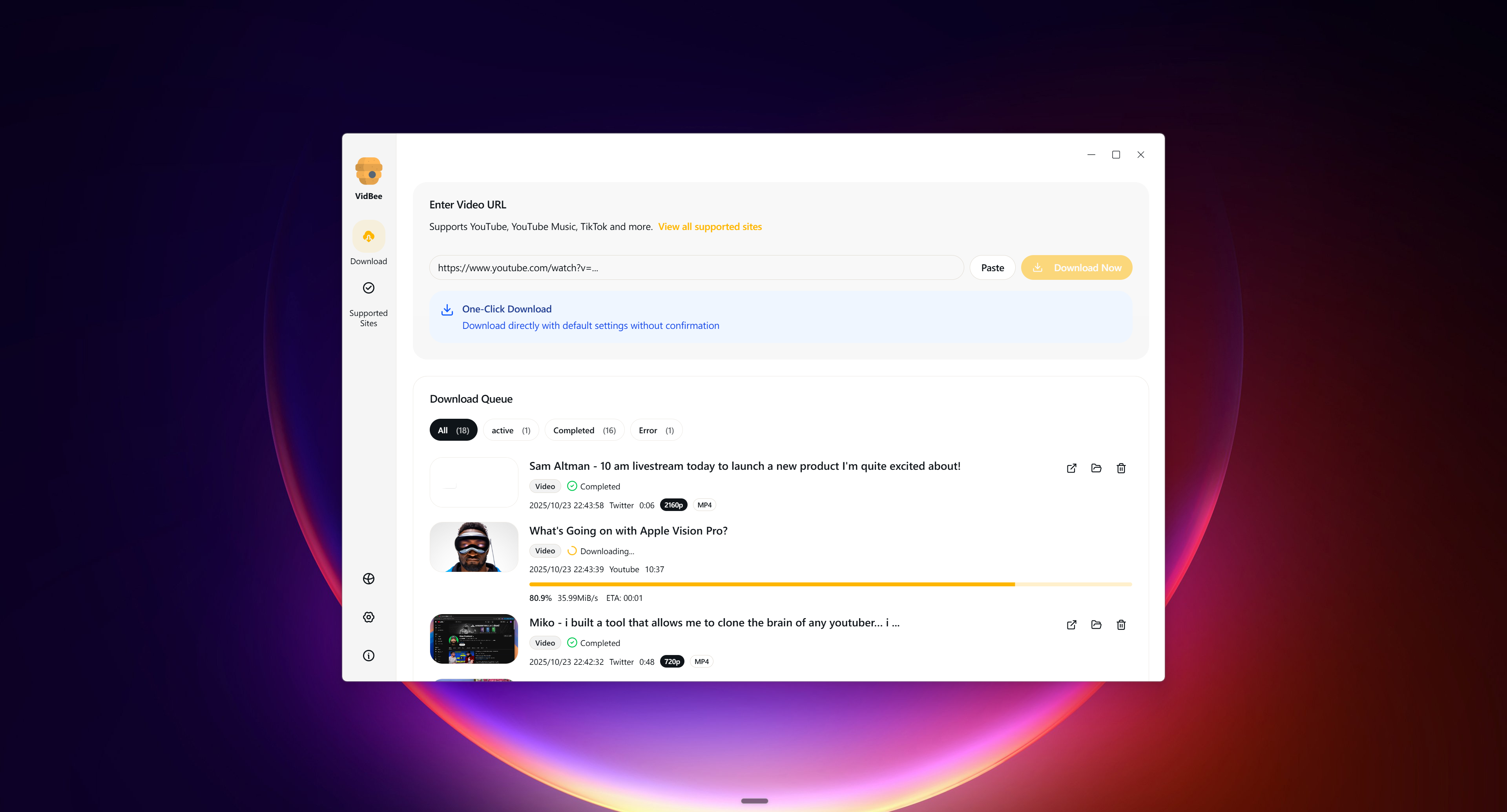 VidBee download queue with multiple active jobs and progress indicators